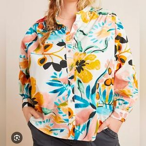 Anthropologie Crisanta Poplin Multicolor Floral Button Down Top Medium
